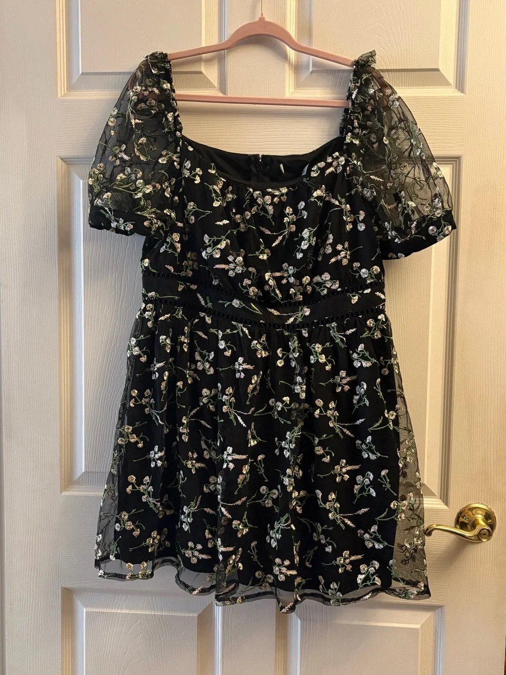 Lulu’s Black Floral Embroidered Puff Sleeve Mini Dress